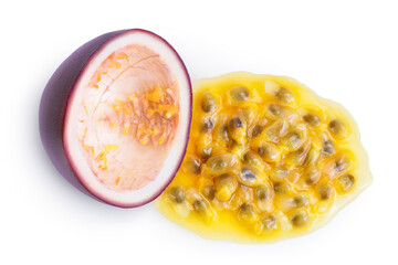 passion fruits half isolated on white background. maracuya with clipping path. Top view. Flat lay