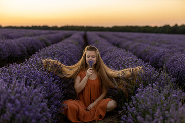 Pretty romantic girl with long hair and in orange dress holds a bunch of lavender flowers and enjoys their fragrance. Girl sits in an incredible violet lavender field at sunset. Summer travel concept.