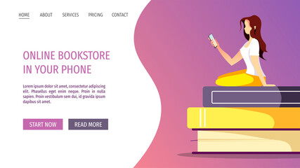 Web page design for bookstore, bookshop, book lovers, E-book reader, E-library. Woman sitting with phone on the stack of books. Vector illustration for poster, banner, advertising.