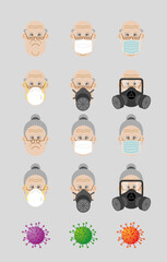 Cartoon style. Character design. Senior grandfather and grandmother wear masks to protect a virus.