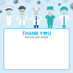 Cartoon style. Group of doctors team holding the hand together with the blank dialog box