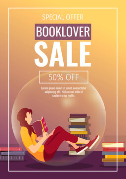 Promo Sale Flyer For Bookstore, Bookshop, Book Lovers, E-book Reader, E-library. Woman In Bubble And Books. A4 Vector Illustration For Poster, Banner, Advertising, Special Offer, Flyer.