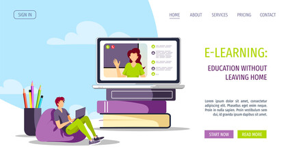 Web page design for Studying, Online training, distance education, e-learning, tutorials and courses. Laptop, books and man in an armchair. Vector illustration for poster, banner, website.