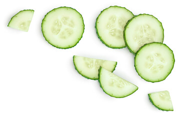 Sliced cucumber isolated on white background with clipping path and full depth of field, Top view with copy space for your text. Flat lay