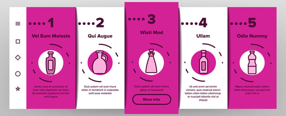Oil Bottle Package Onboarding Mobile App Page Screen Vector. Oil Bottle With Pump And Measuring Scale, Amphora And Classical Form Container Illustrations