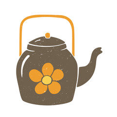 Cozy vector teapot. Brown teapot with orange flower and handle isolated on a transparent background. Vector shabby hand drawn illustration