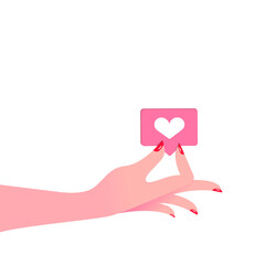 A female hand holds the like icon. Vector illustration, flat cartoon design, isolated on white background, eps 10.