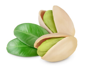 pistachio with leaves isolated on white background with clipping path and full depth of field