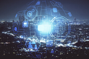 Multi exposure of social network theme drawing and cityscape background. Concept of people connecton.