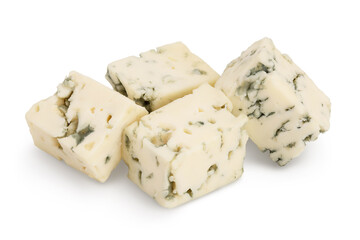 diced Blue cheese isolated on white background with clipping path and full depth of field.