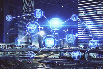 Multi exposure of social network theme drawing and cityscape background. Concept of people connecton.