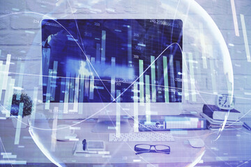 Double exposure of business theme icons and work space with computer background. Concept of success.