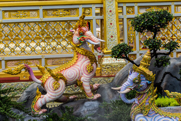 Close-up Himmapan animal statue in temple Thailand.