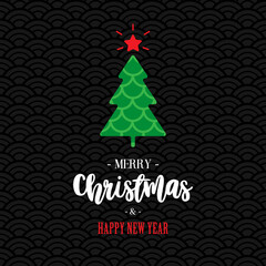 Postcard Merry Christmas and Happy New Year with an elegant Christmas tree with a red star on a black background. Vector, illustration