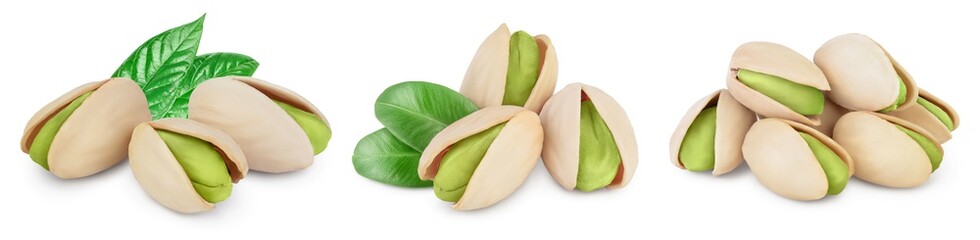 pistachio with leaves isolated on white background with clipping path and full depth of field. Set r collection