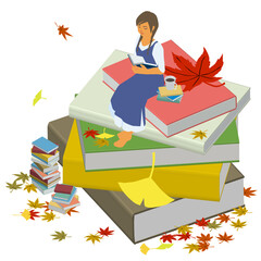 読書の秋にリラックスして読書する女性のアイソメトリックなベクターイラスト