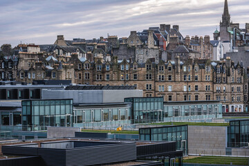 Office blocks and historic part of Edinburgh city, Scotland, UK