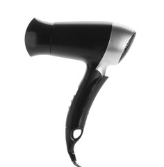 Modern hair dryer isolated on white. Professional hairdresser tool