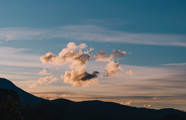 sunset sky with beautiful clouds over the hills of Tasmania