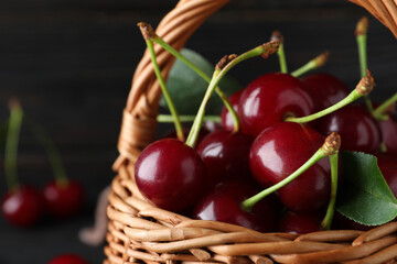 Basket with delicious sweet cherries on dark background, closeup