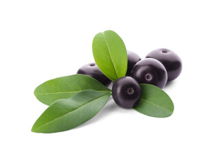 Fresh acai berries with leaves isolated on white