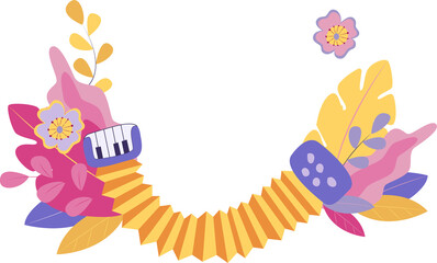 Accordion in cartoon style. Wildflowers in the background. Vector illustration.