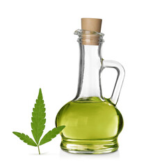 Bottle of hemp oil and fresh leaf on white background