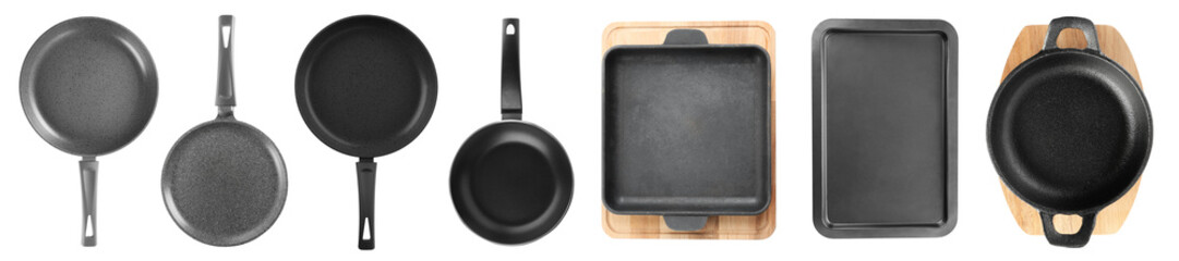 Fototapeta premium Set with different kitchen utensils on white background, banner design. Cooking equipment
