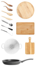Set with different cooking utensils on white background