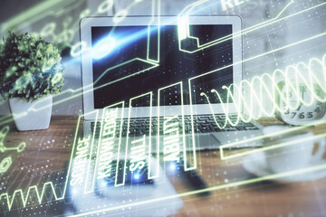 Desktop computer background and education theme drawing. Double exposure. Study concept.