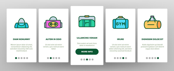 Gym Bag Accessory Onboarding Mobile App Page Screen Vector. Gym Bag For Sportive Suit And Shoes, Handbag For Fitness Sport Activity Clothes. Illustrations