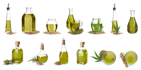 Collage with hemp oil on white background, banner design