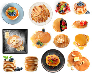 Set of delicious pancakes with different toppings on white background