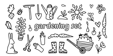 Vector set of garden doodle illustrations. Line drawings on a white isolated background. Design of goods for the garden and horticulture. Rake, shovel, scissors, boots, gloves, flowers and plants
