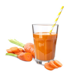 Carrot juice and fresh vegetable on white background