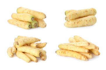 Set of fresh carrots on white background
