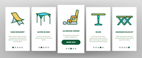 Folding Furniture Onboarding Mobile App Page Screen Vector. Table And Chair, Lounge And Armchair Compact And Garden Relaxation Furniture Illustrations