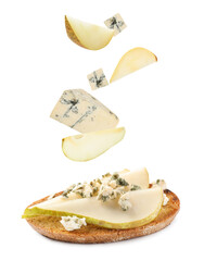 Tasty bruschetta with flying ingredients on white background