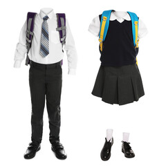 School uniforms for girl and boy on white background. Banner design