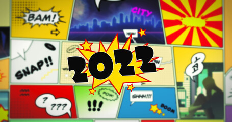 2020 speech bubble text in the foreground of colorful comic strip