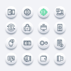 Payment methods, internet banking, worldwide online money transfer service line icons set
