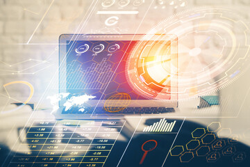 Multi exposure of desktop computer and technology theme hologram. Concept of software development.