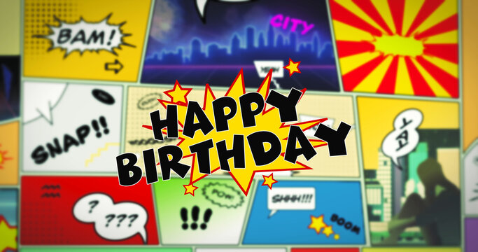Happy Birthday speech bubble text in the foreground of colorful comic strip
