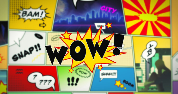 Wow speech bubble text in the foreground of colorful comic strip