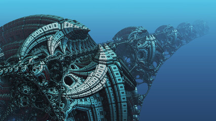 Abstract background, fantastic 3D blue metal structures, ancient civilization fictional background.