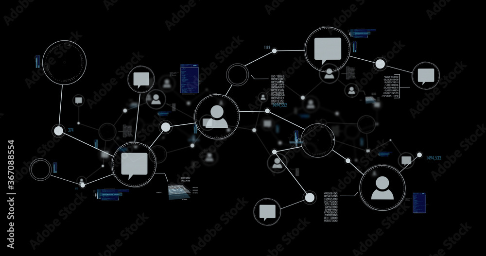 Wall mural network and data connections overlay on black