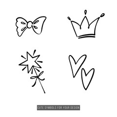 crown, bow, magic wand, line heart. Cute black line symbols. Simple doodle hand drawn art. Vector linear design on white background.