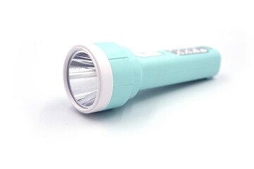 Pocket lighter on white background. Pale blue led light perspective view. Modern lantern with front...