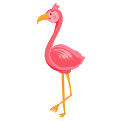 Vector illustration of a cute pink flamingo in cartoon hand drawn flat style. Funny bird with long neck from safari,jungle.Beautiful bird for printing on clothes, stationery, logo, design for children