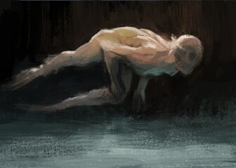 Obraz na płótnie Canvas Digital painting of a mutated human swimming in the deeps 
